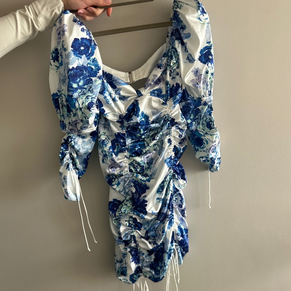 Blue Floral Ruched Puff-Sleeve Mini Dress